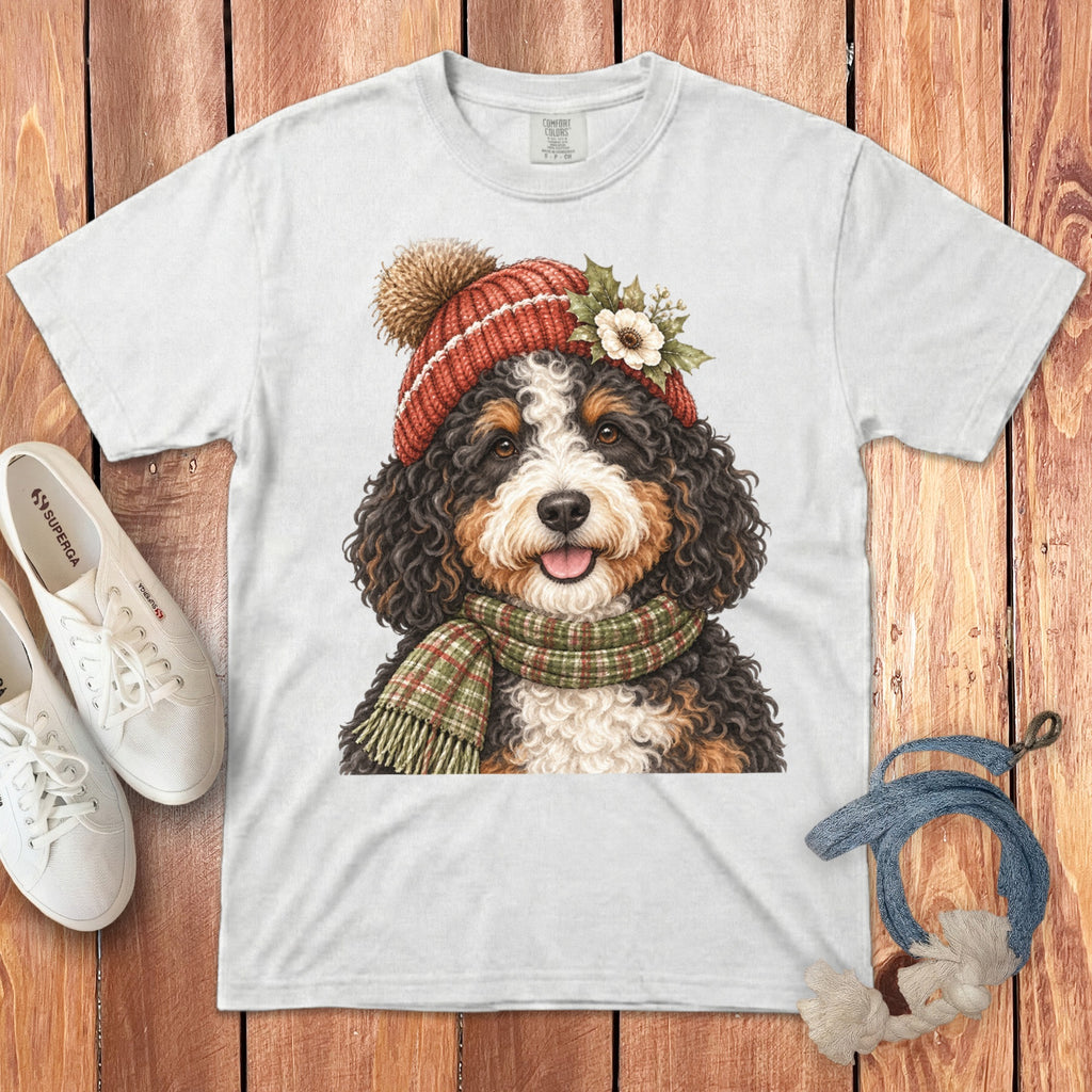 Bernese Mountain Dog wearing a Santa hat and plaid scarf, printed on a white t-shirt.