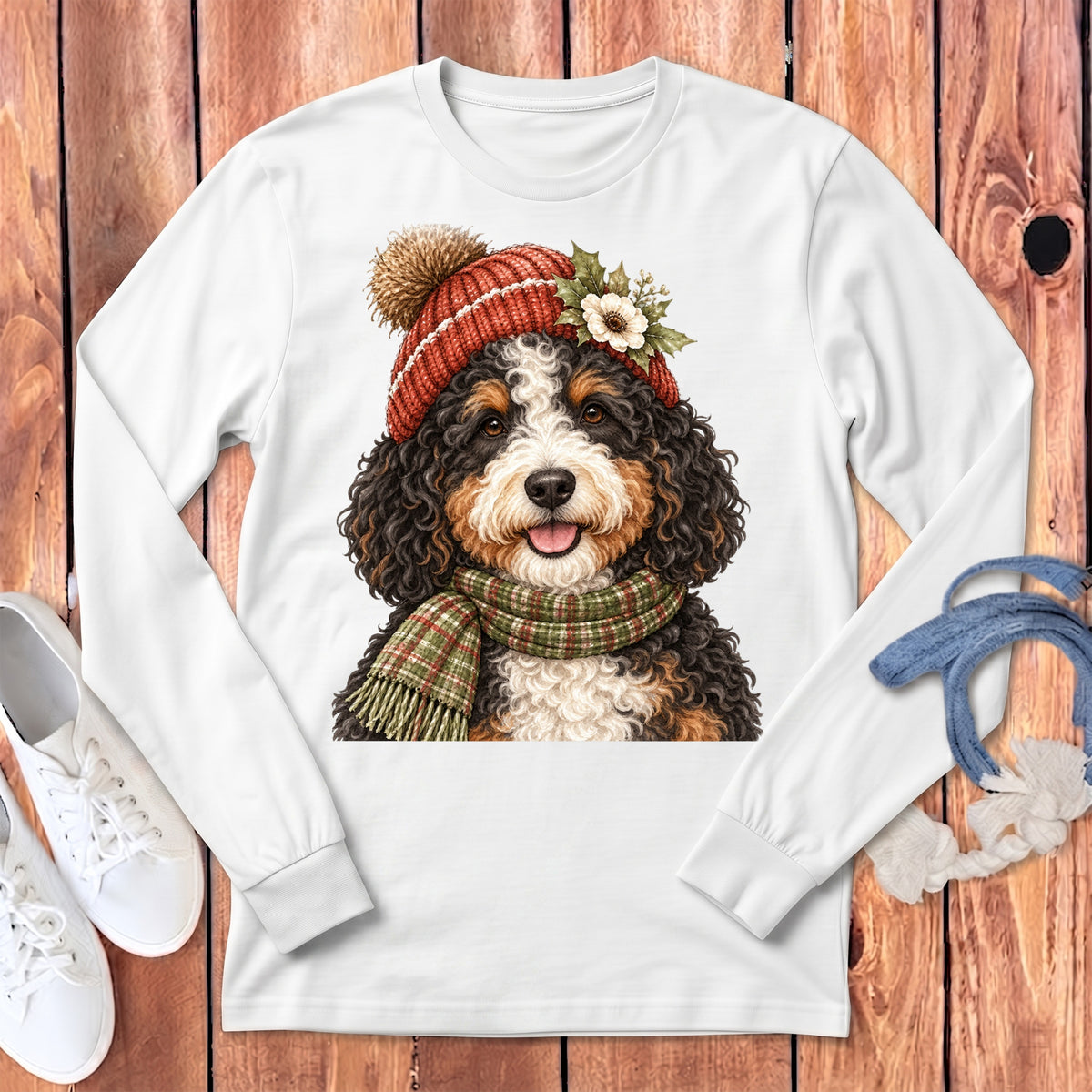 Bernese Mountain Dog wearing a Santa hat and plaid scarf, printed on a white long-sleeve shirt.