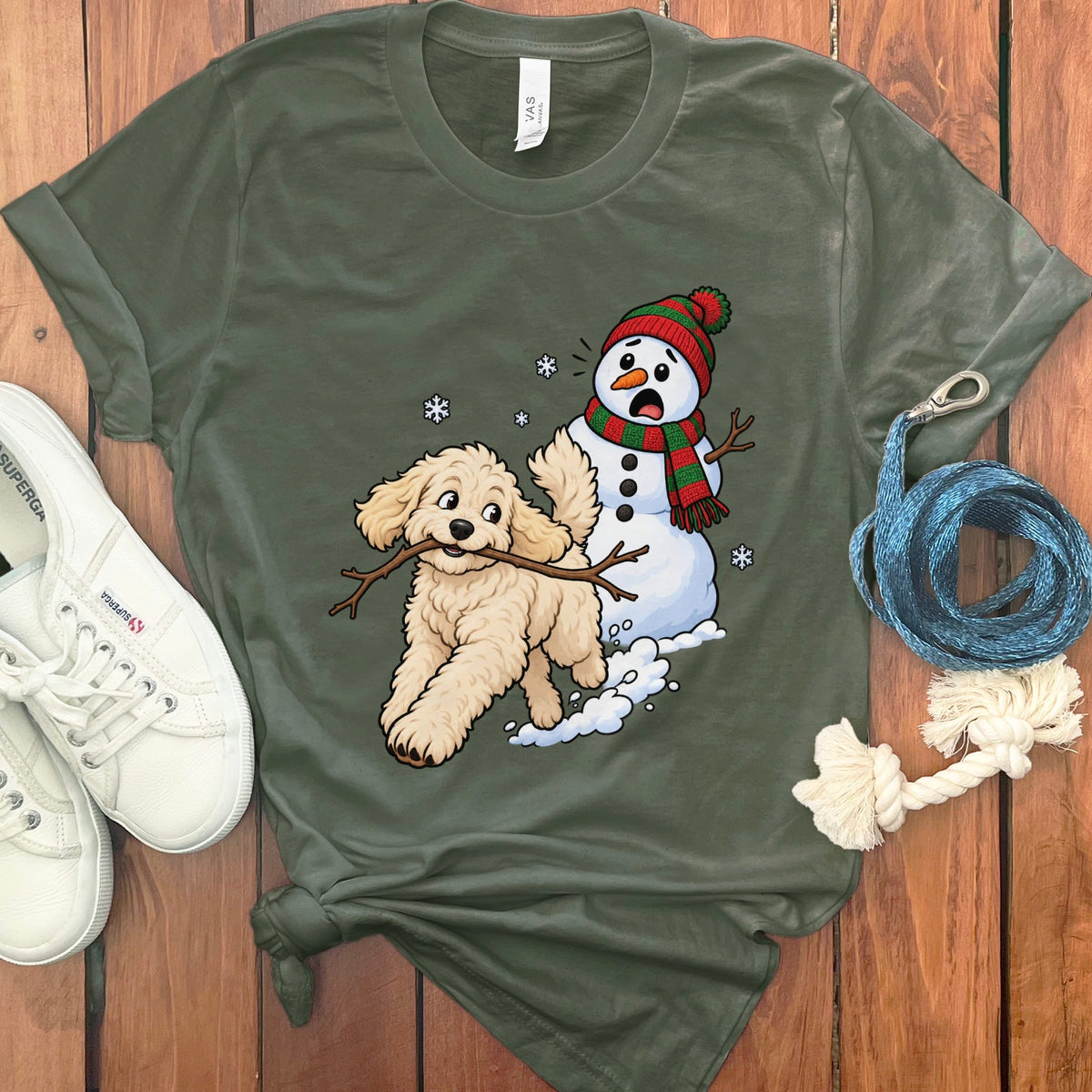 Cream Goldendoodle Snowman T-Shirt in Military Green / S by Puppy Jo