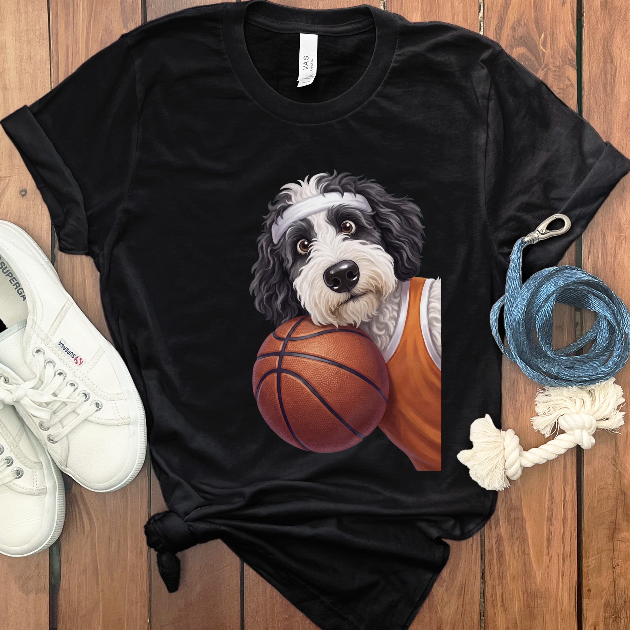 Sheepadoodle Basketball Player T-Shirt in Black / S by Puppy Jo