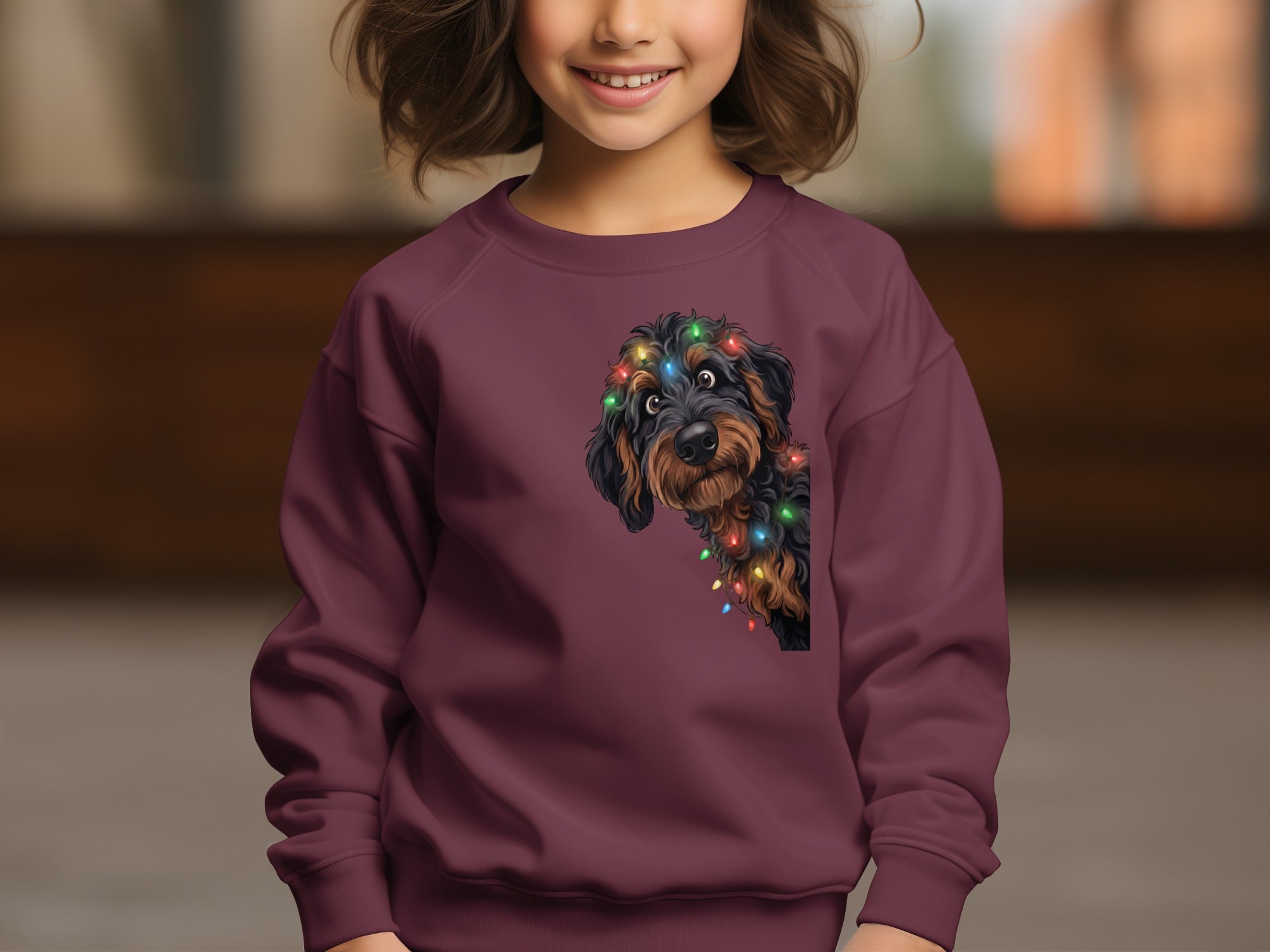Child wearing burgundy sweatshirt with a doodle dog wearing Christmas lights design.