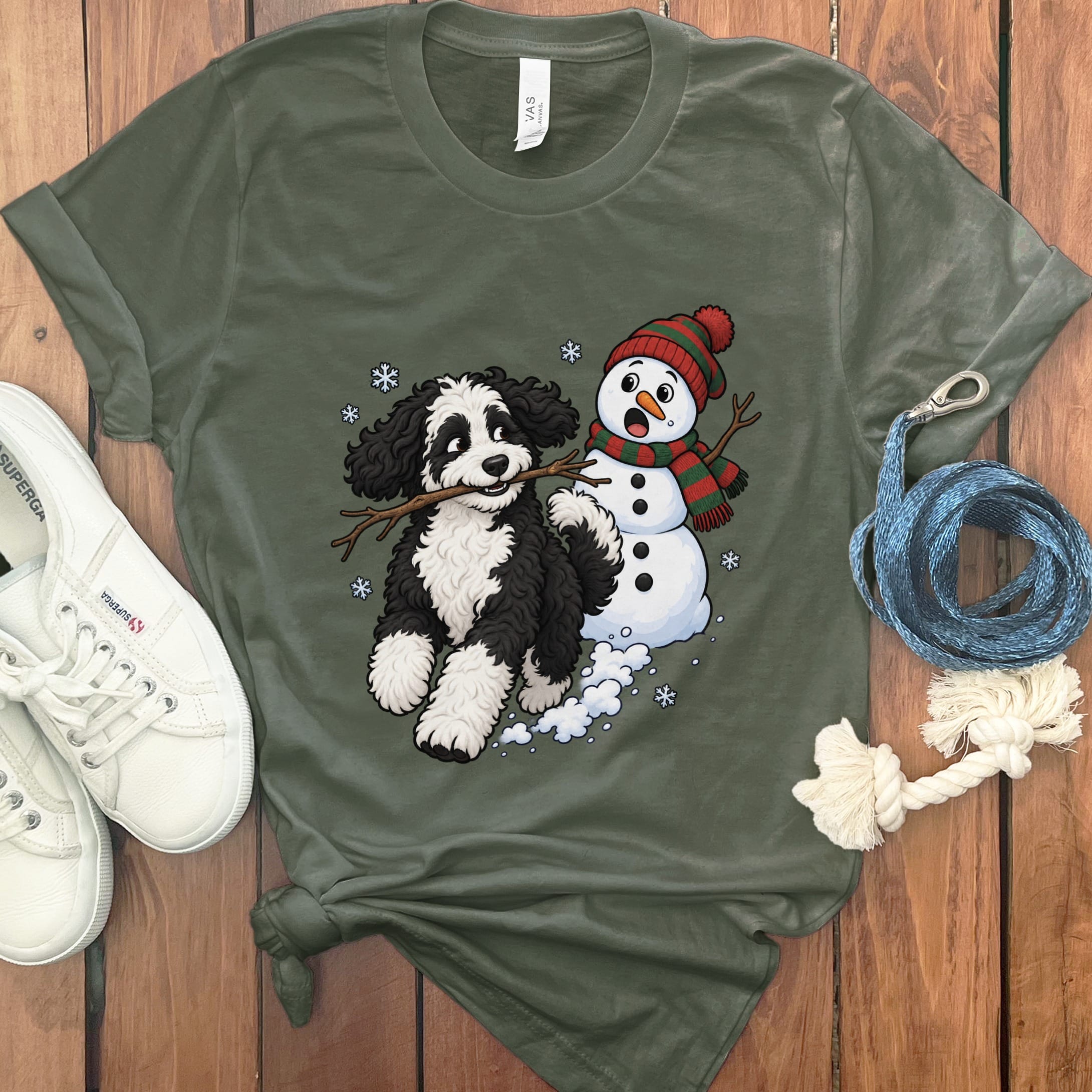Sheepadoodle Snowman T-Shirt in Military Green / S by Puppy Jo
