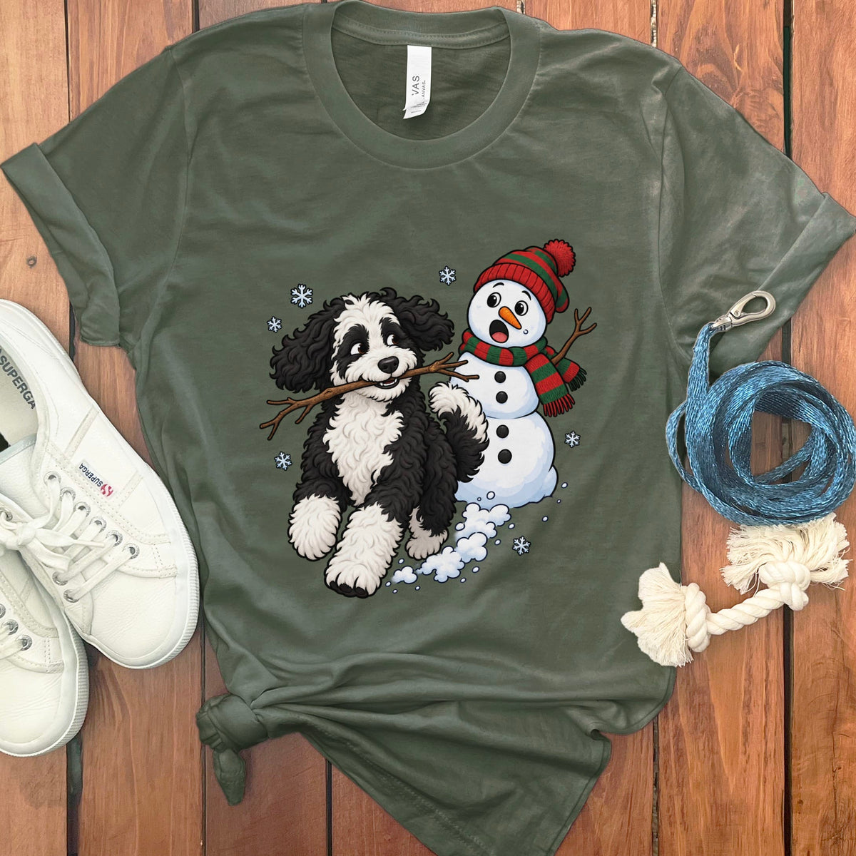 Sheepadoodle Snowman T-Shirt in Military Green / S by Puppy Jo