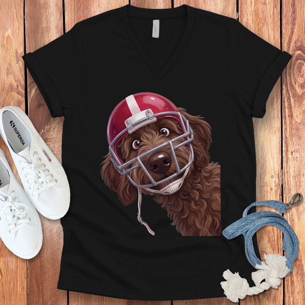 Chocolate Goldendoodle Football Helmet V-Neck T-Shirt in Black / S by Puppy Jo