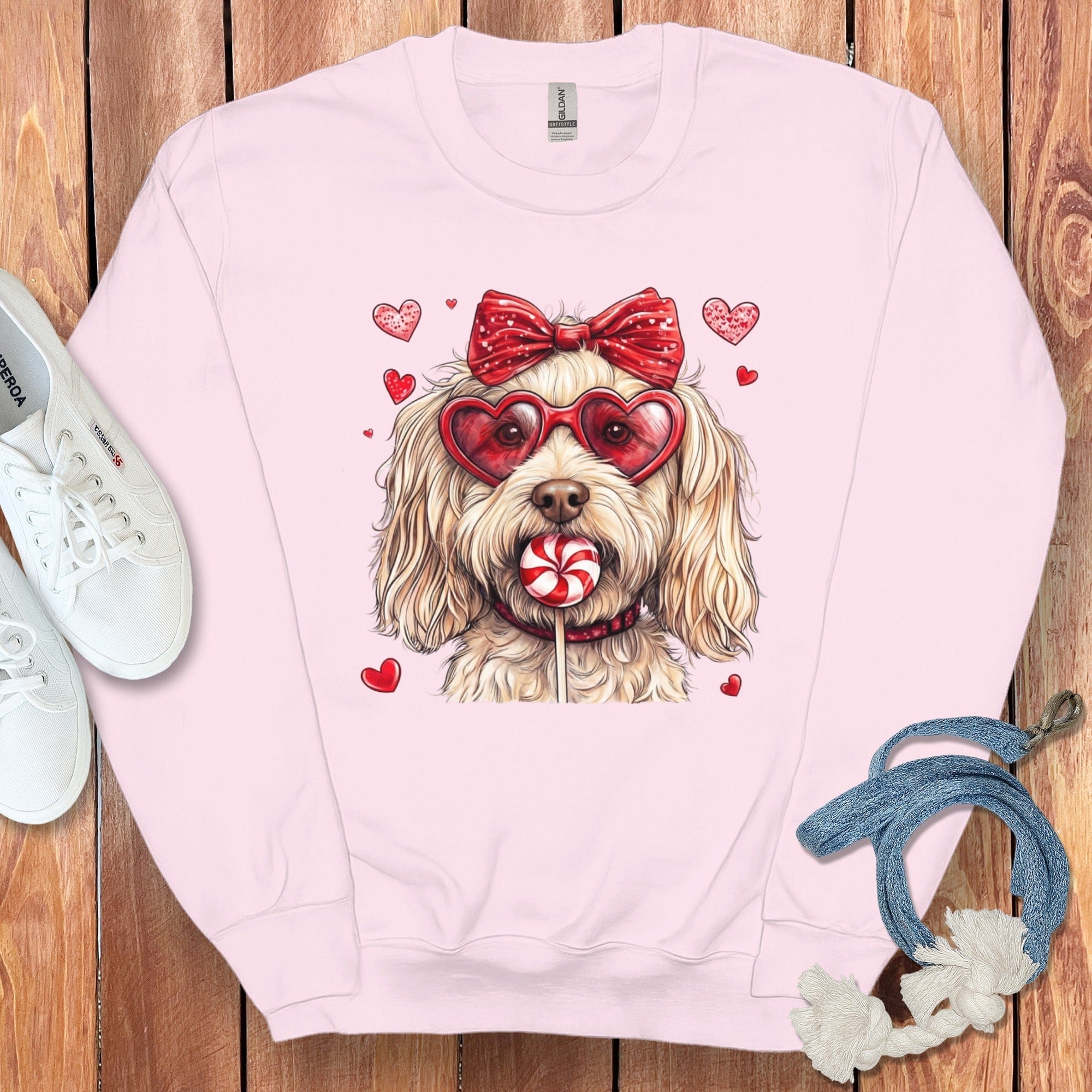 Adorable Dog with Heart Sunglasses and Bow Sweatshirt