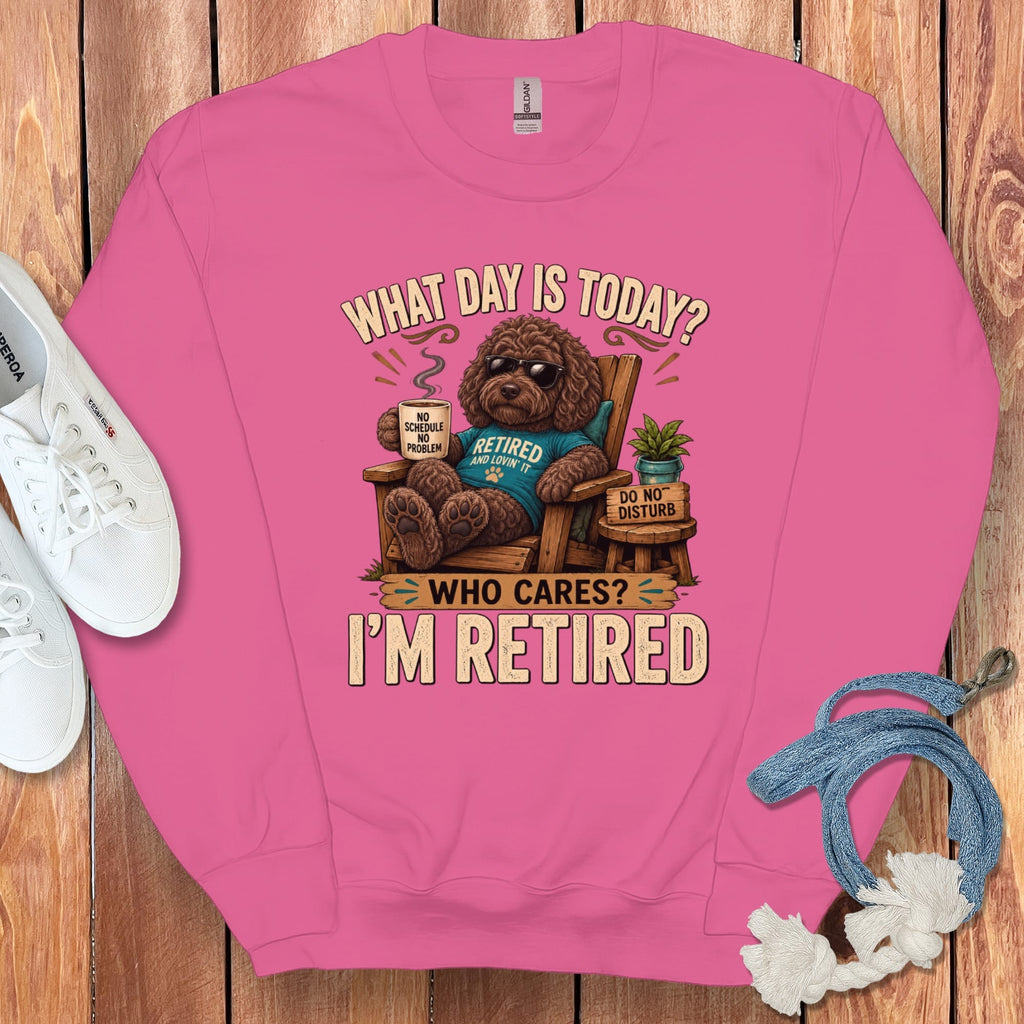 I'm Retired Chocolate Goldendoodle Sweatshirt in Heliconia / S by Puppy Jo