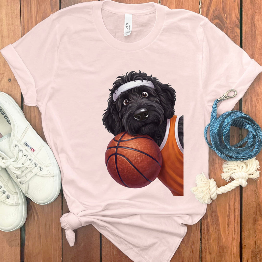 Black Goldendoodle Basketball Player T-Shirt in Soft Pink / S by Puppy Jo
