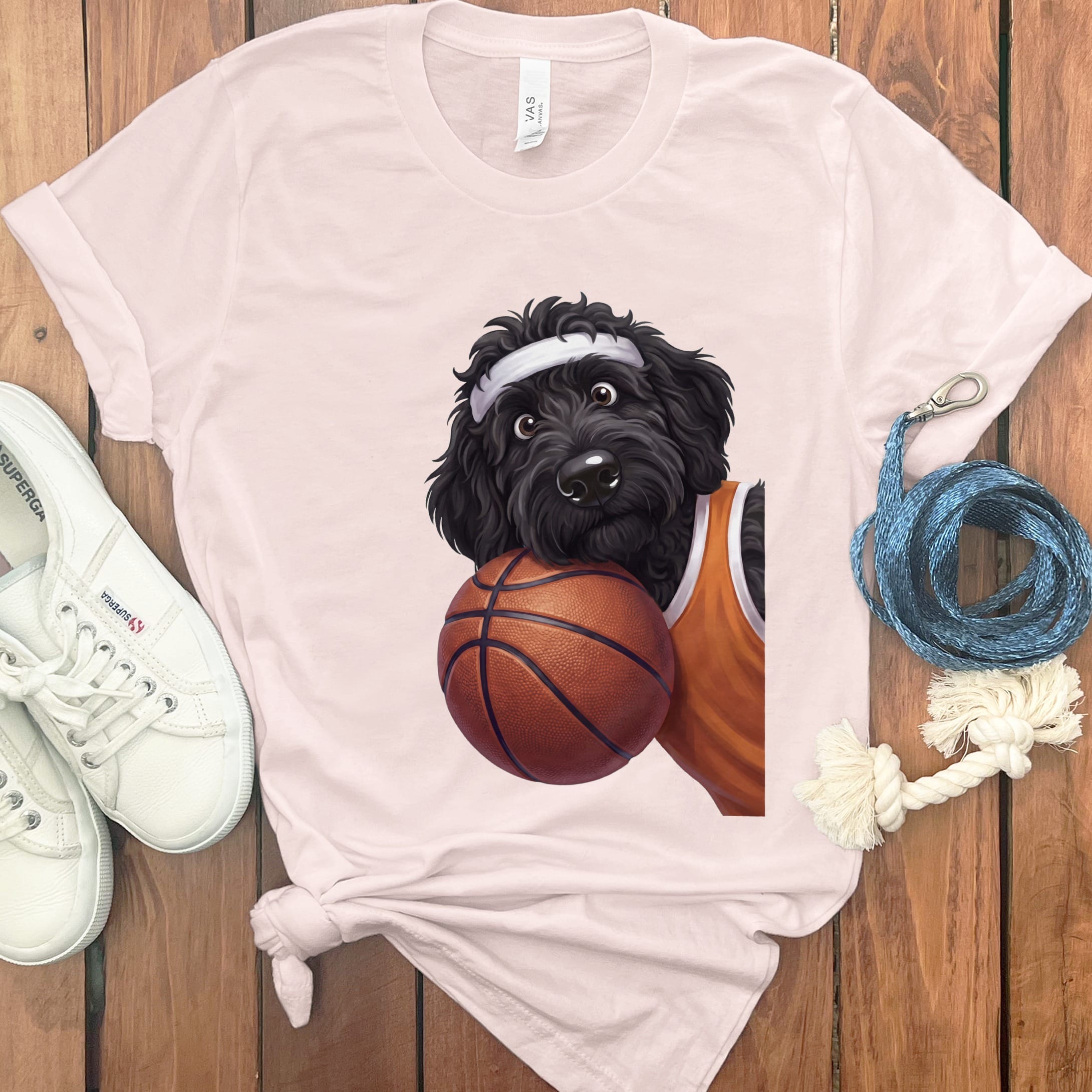 Black Goldendoodle Basketball Player T-Shirt in Soft Pink / S by Puppy Jo