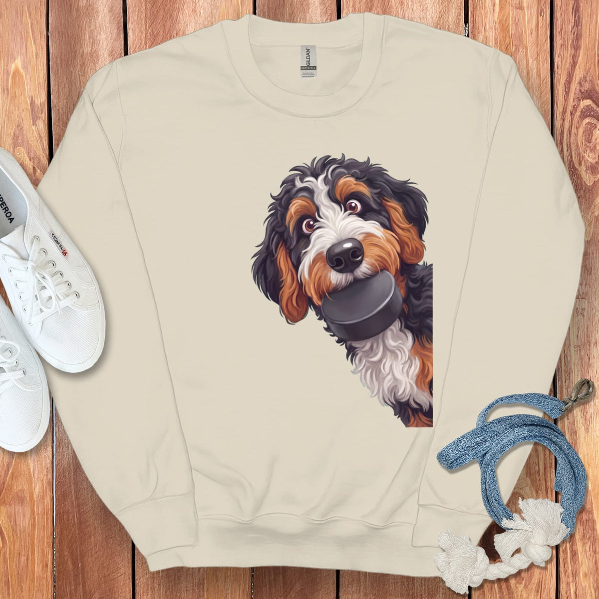 Bernedoodle Hockey Puck Sweatshirt in Sand / S by Puppy Jo