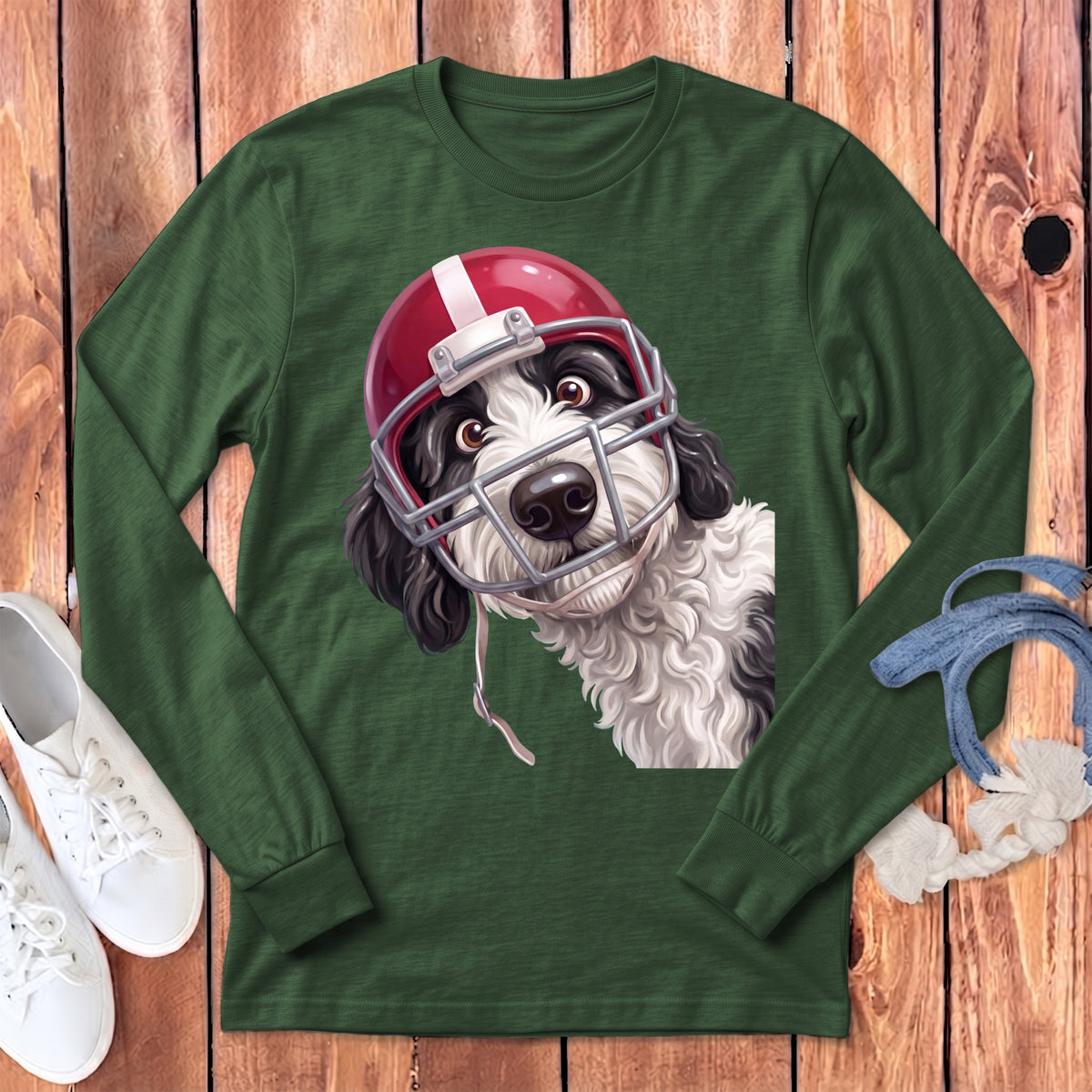Long-sleeve green shirt with a black and white dog wearing a red football helmet.