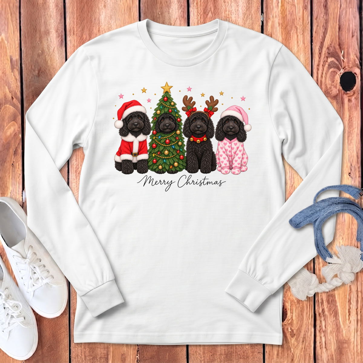White long-sleeve t-shirt featuring four black doodles in holiday costumes with a decorated Christmas tree and text.