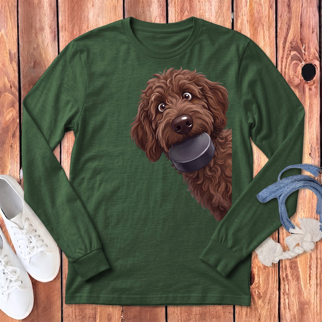 Chocolate Goldendoodle Hockey Puck Long Sleeve T-Shirt in Heather Forest / S by Puppy Jo