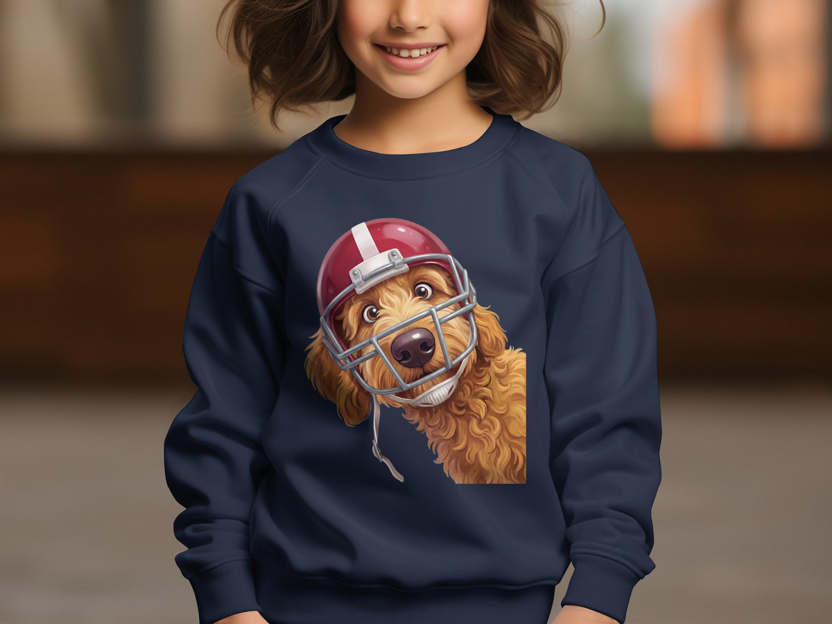 Navy sweatshirt with illustration of a fluffy dog wearing a football helmet.