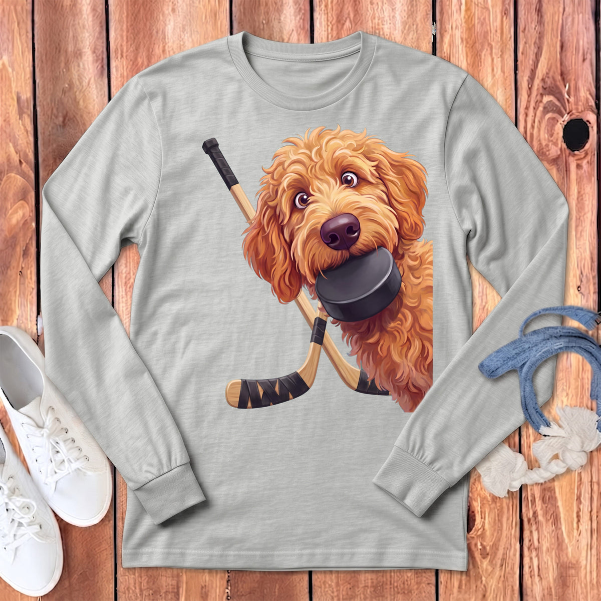 Apricot Goldendoodle Hockey Long Sleeve T-Shirt in Athletic Heather / S by Puppy Jo