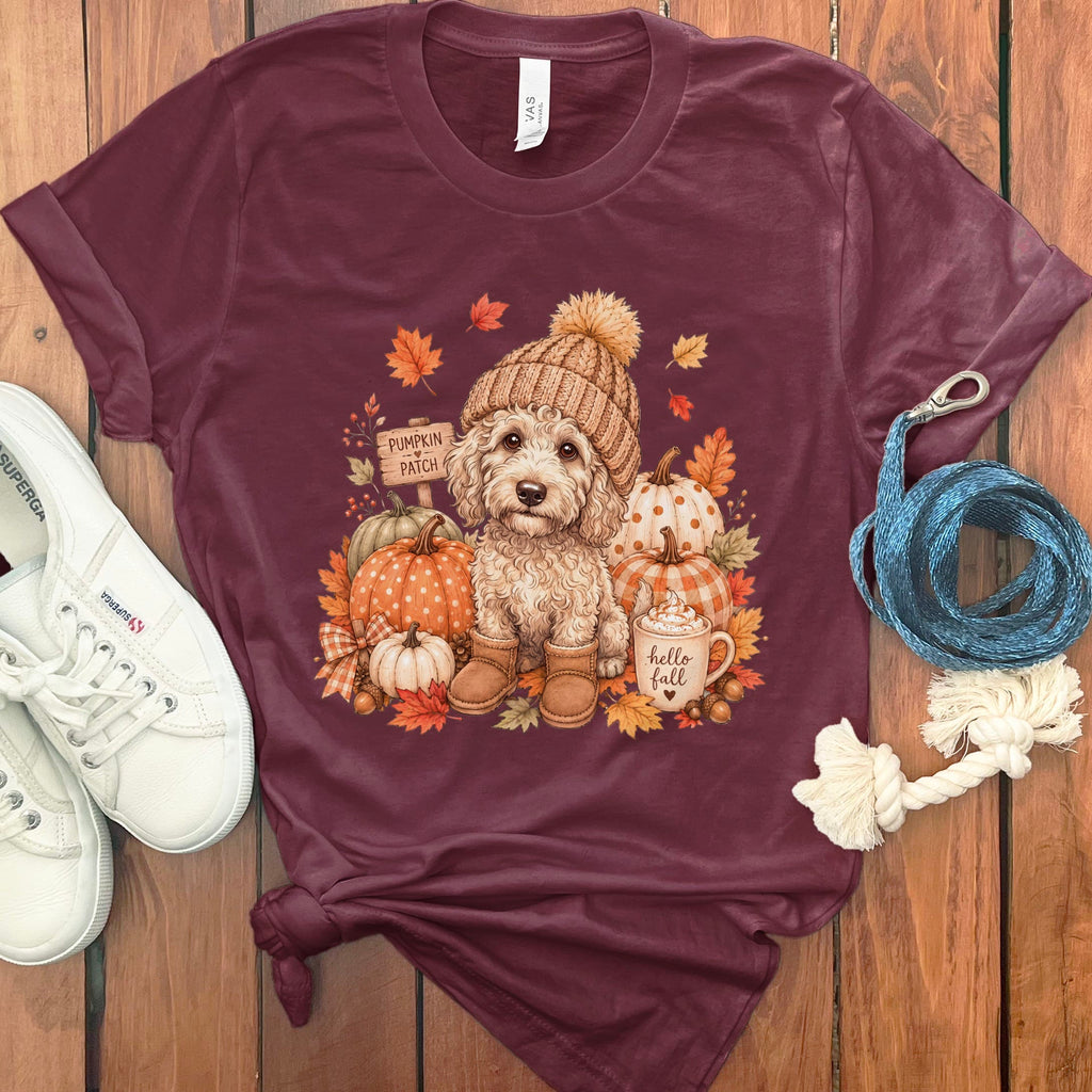 Cream Goldendoodle Pumpkin Patch T-Shirt in Maroon / S by Puppy Jo