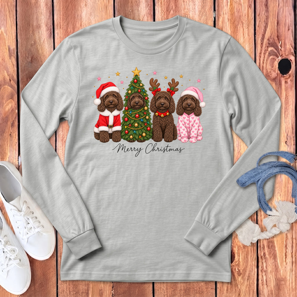 Light gray long-sleeve t-shirt with a Christmas graphic of four brown dogs and the text Merry Christmas.