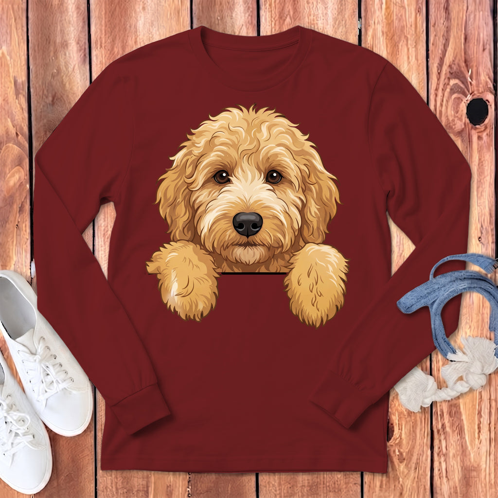 Maroon long-sleeve shirt with a golden doodle dog graphic peeking over the chest.