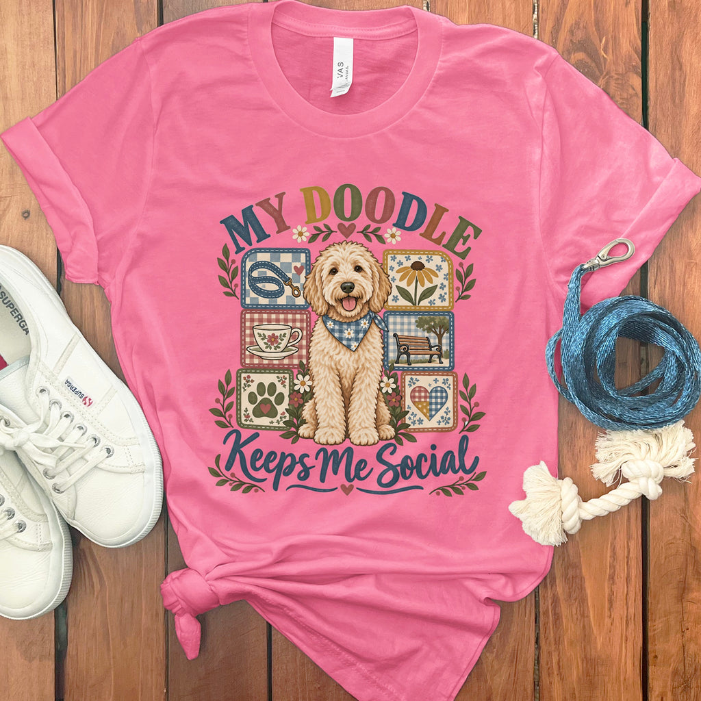 Pink t-shirt with "My Doodle Keeps Me Social" text and a doodle dog graphic.