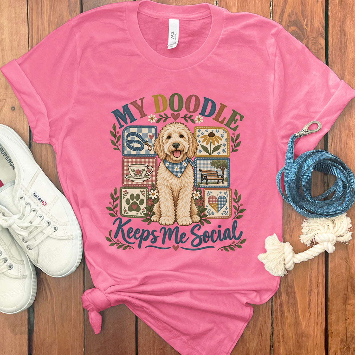 Pink t-shirt with "My Doodle Keeps Me Social" text and a doodle dog graphic.