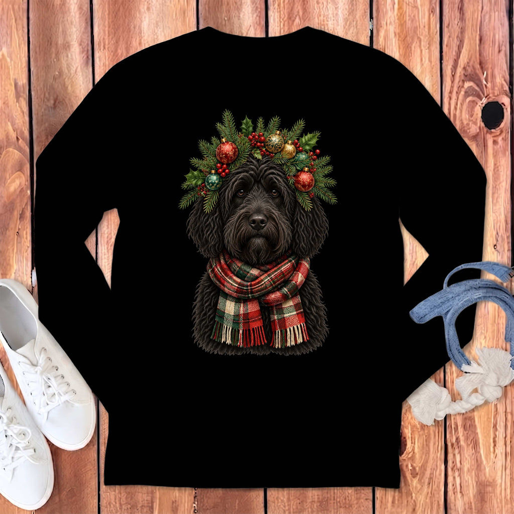 Black Goldendoodle Holiday Crown Long Sleeve T-Shirt in Black / S by MyDesigns