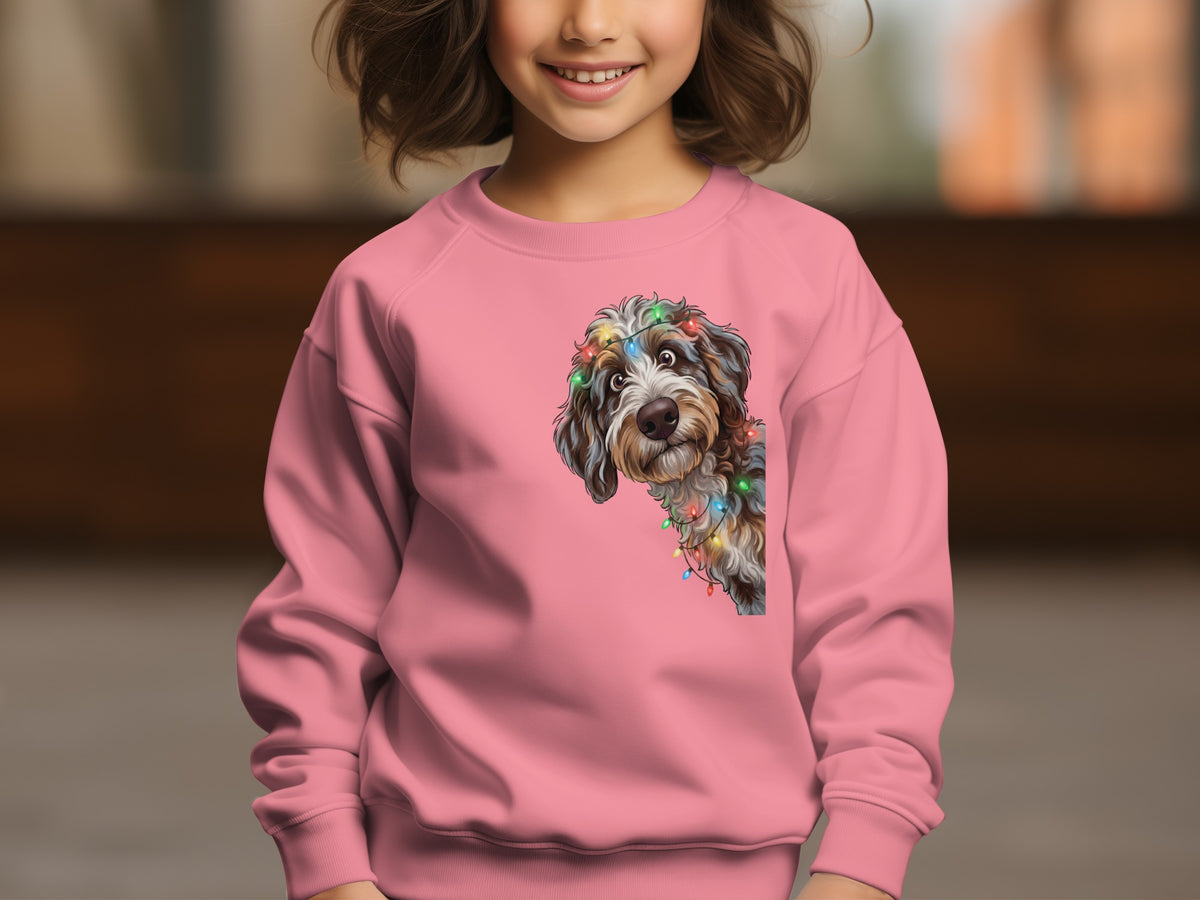 Pink sweatshirt with a dog wearing Christmas lights graphic.