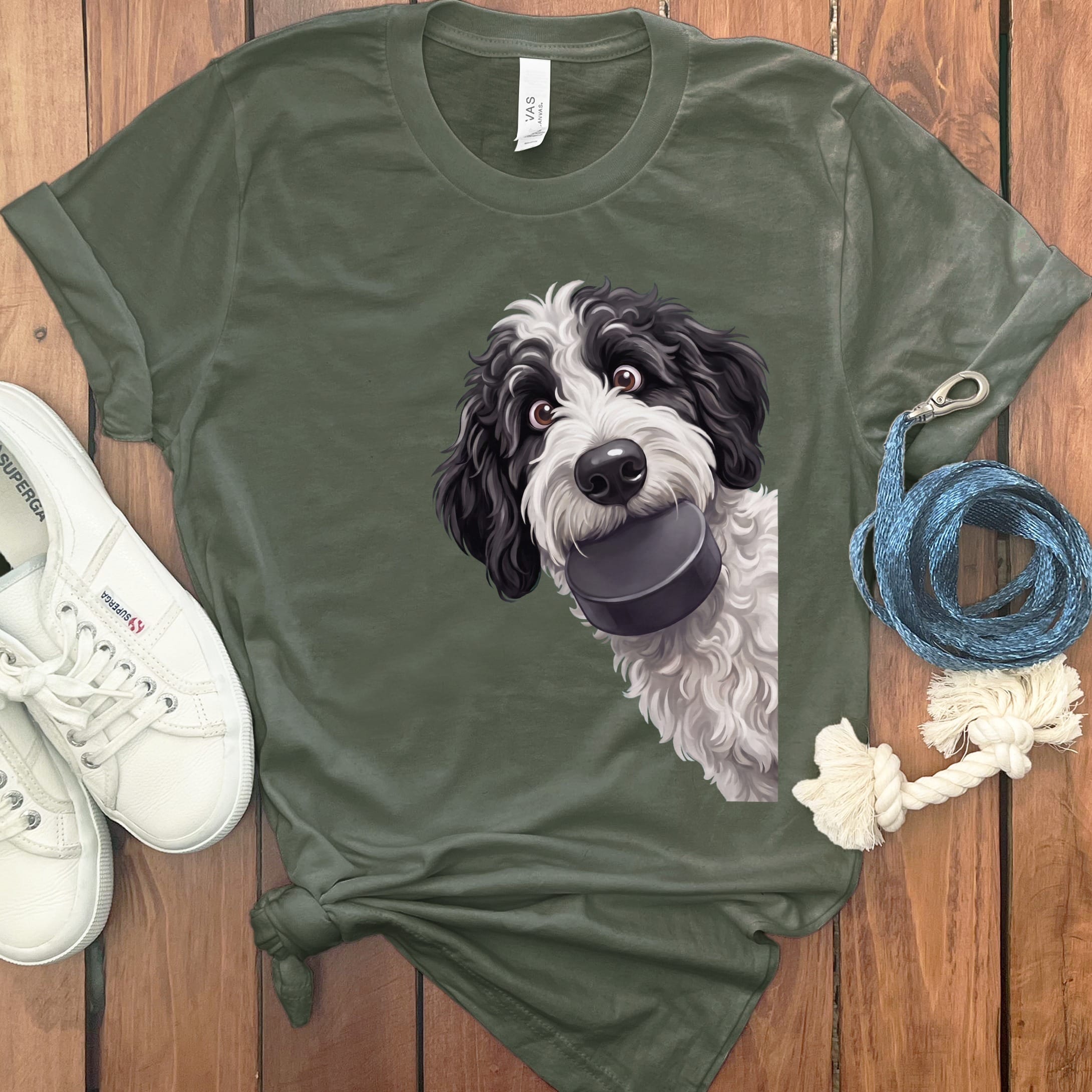 Sheepadoodle Hockey Puck T-Shirt in Military Green / S by Puppy Jo