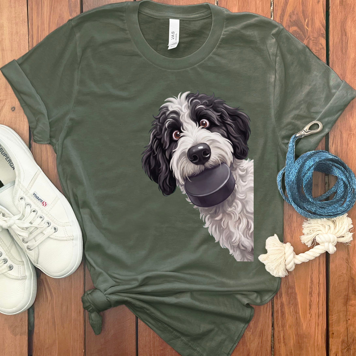 Sheepadoodle Hockey Puck T-Shirt in Military Green / S by Puppy Jo