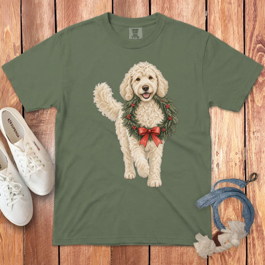 Cream Goldendoodle Wreath Signature T-Shirt in Moss / S by Puppy Jo