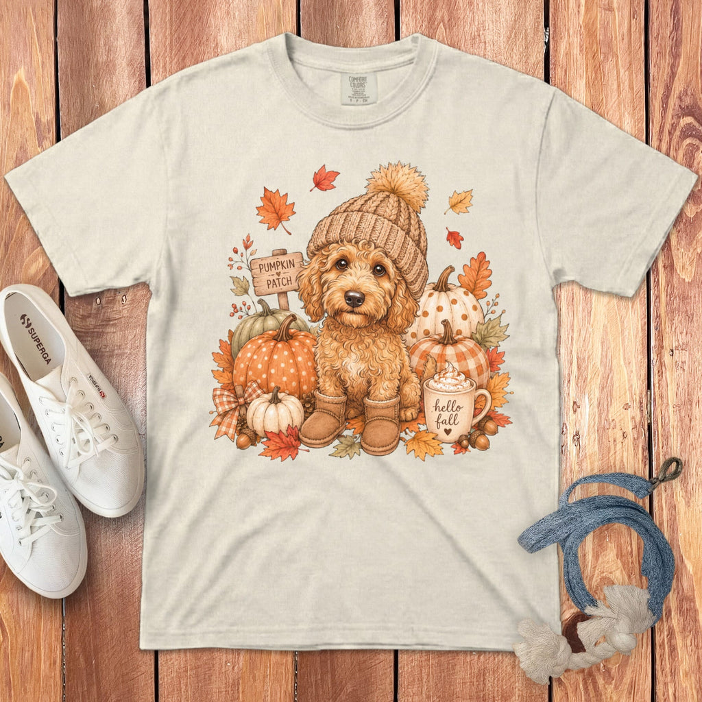Apricot Goldendoodle Pumpkin Patch Signature T-Shirt in Ivory / S by Puppy Jo