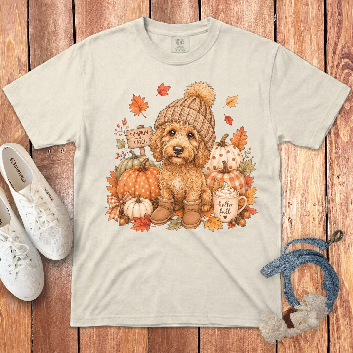 Apricot Goldendoodle Pumpkin Patch Signature T-Shirt in Ivory / S by Puppy Jo