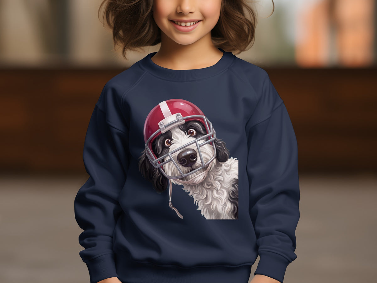 Dark blue sweatshirt with a playful illustration of a black and white dog wearing a red football helmet.