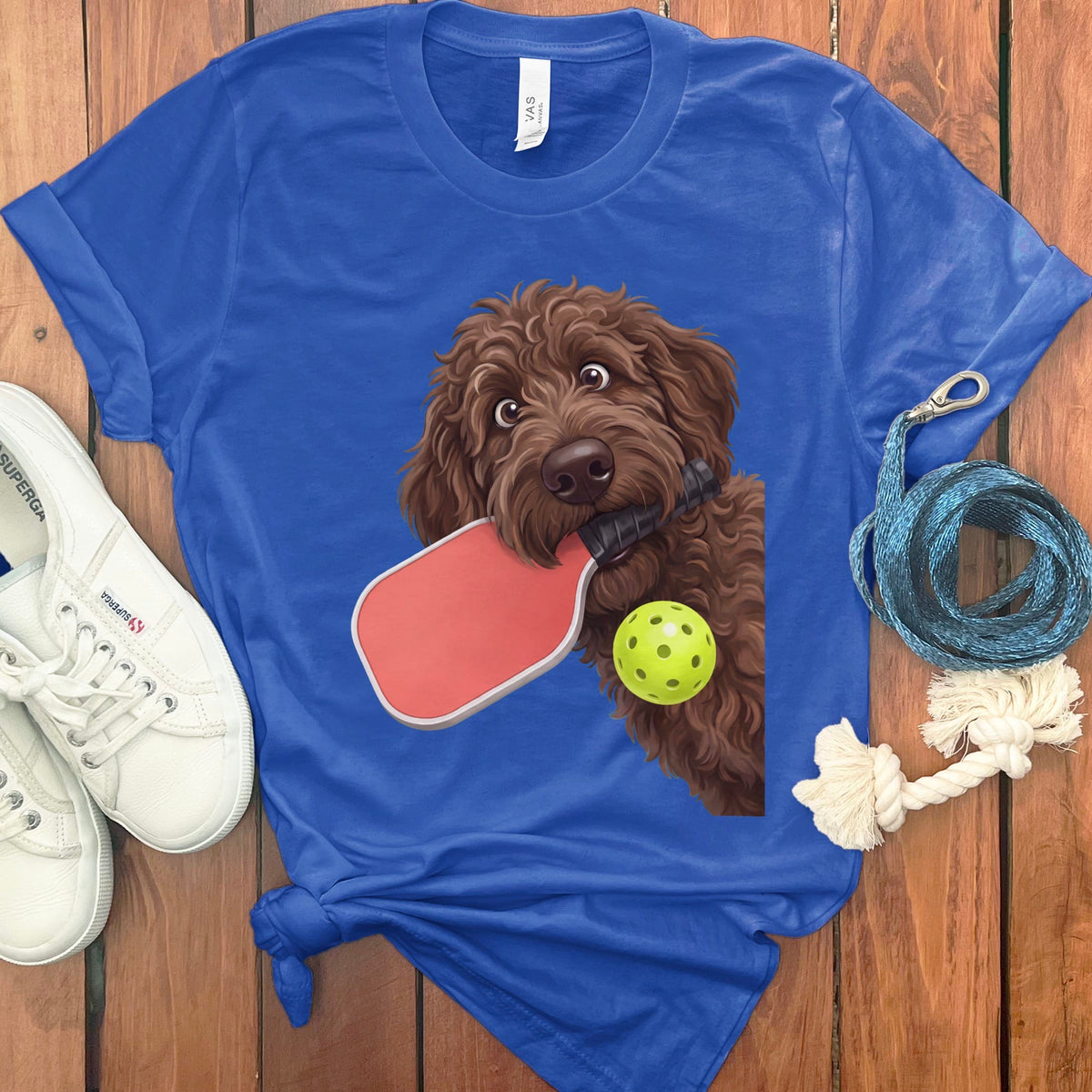 Chocolate Goldendoodle Pickleball T-Shirt in True Royal / S by Puppy Jo