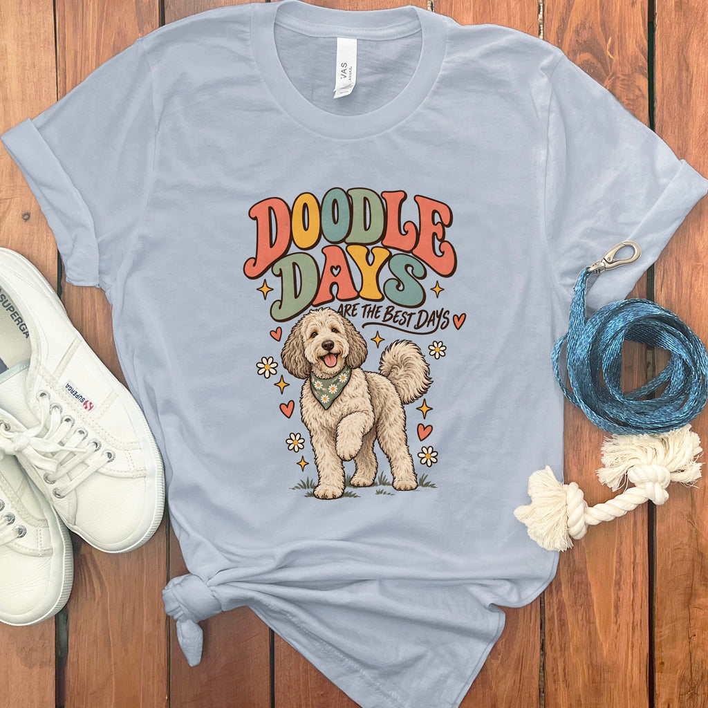 Light blue t-shirt with doodle dog graphic and text "Doodle Days Are The Best Days".