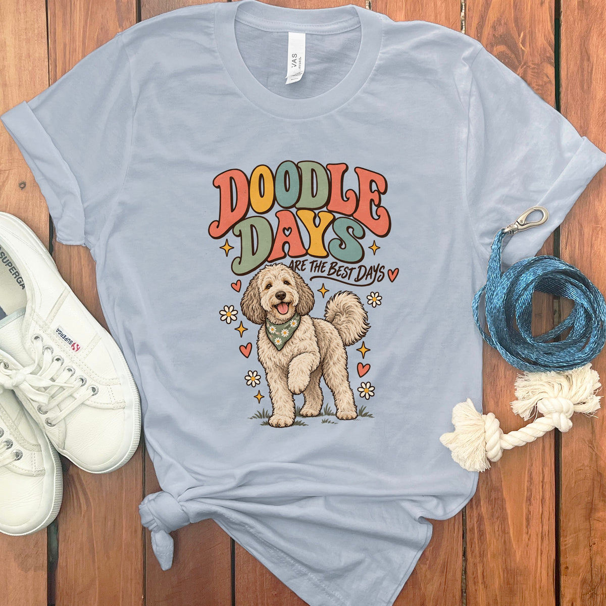 Light blue t-shirt with doodle dog graphic and text "Doodle Days Are The Best Days".