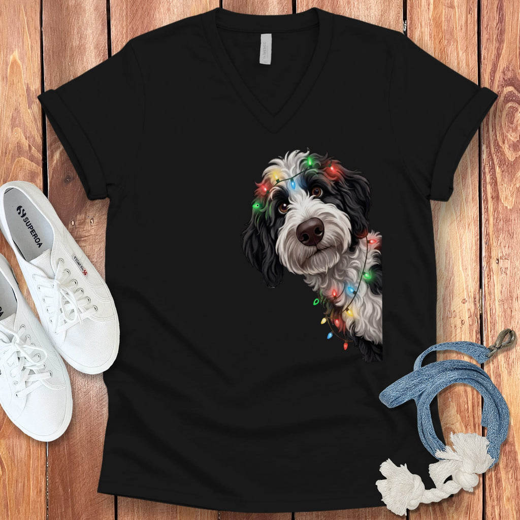 Peeking Sheepadoodle Holiday V-Neck T-Shirt in Black / S by Puppy Jo