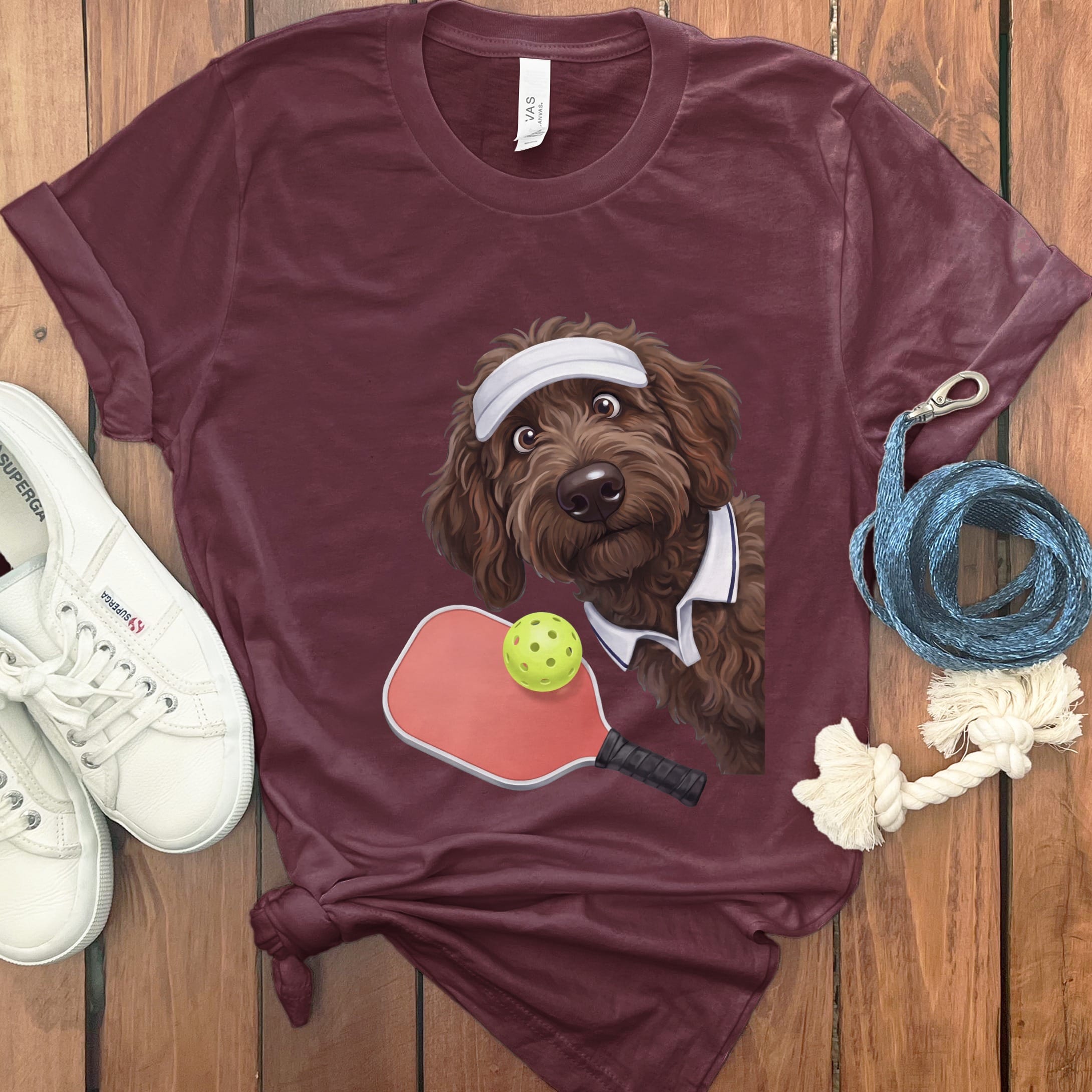 Chocolate Goldendoodle Pickleball Player T-Shirt in Maroon / S by Puppy Jo