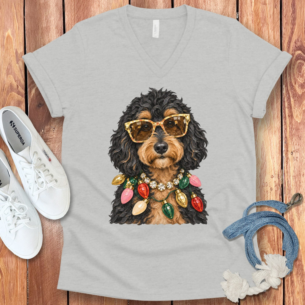 Phantom Goldendoodle Christmas Glam V-Neck T-Shirt in Athletic Heather / S by Puppy Jo
