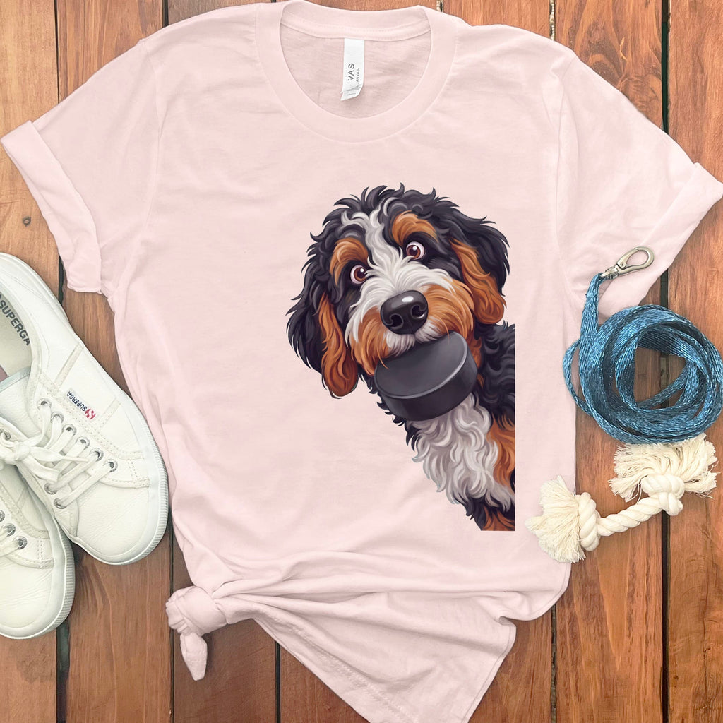 Bernedoodle Hockey Puck T-Shirt in Soft Pink / S by Puppy Jo