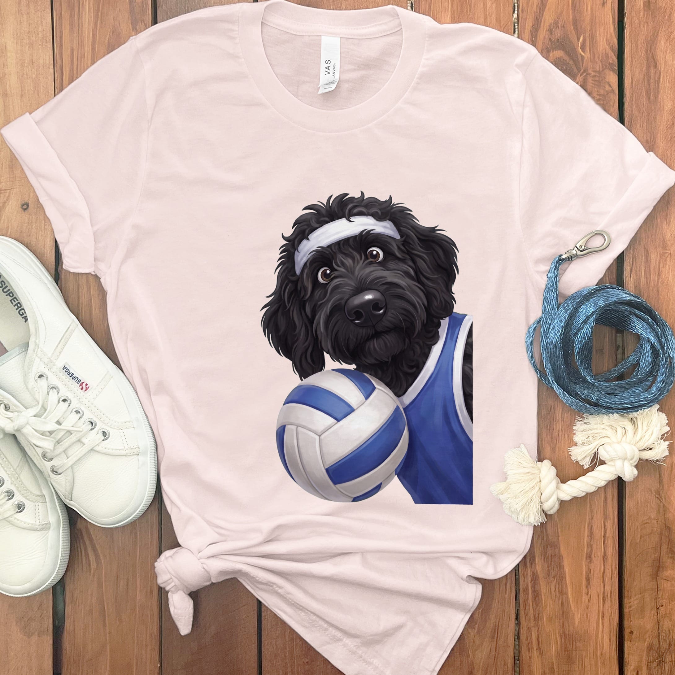 Black Goldendoodle Volleyball Player T-Shirt in Soft Pink / S by Puppy Jo