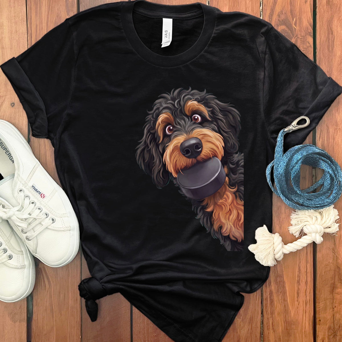 Phantom Goldendoodle Hockey Puck T-Shirt in Black / S by Puppy Jo