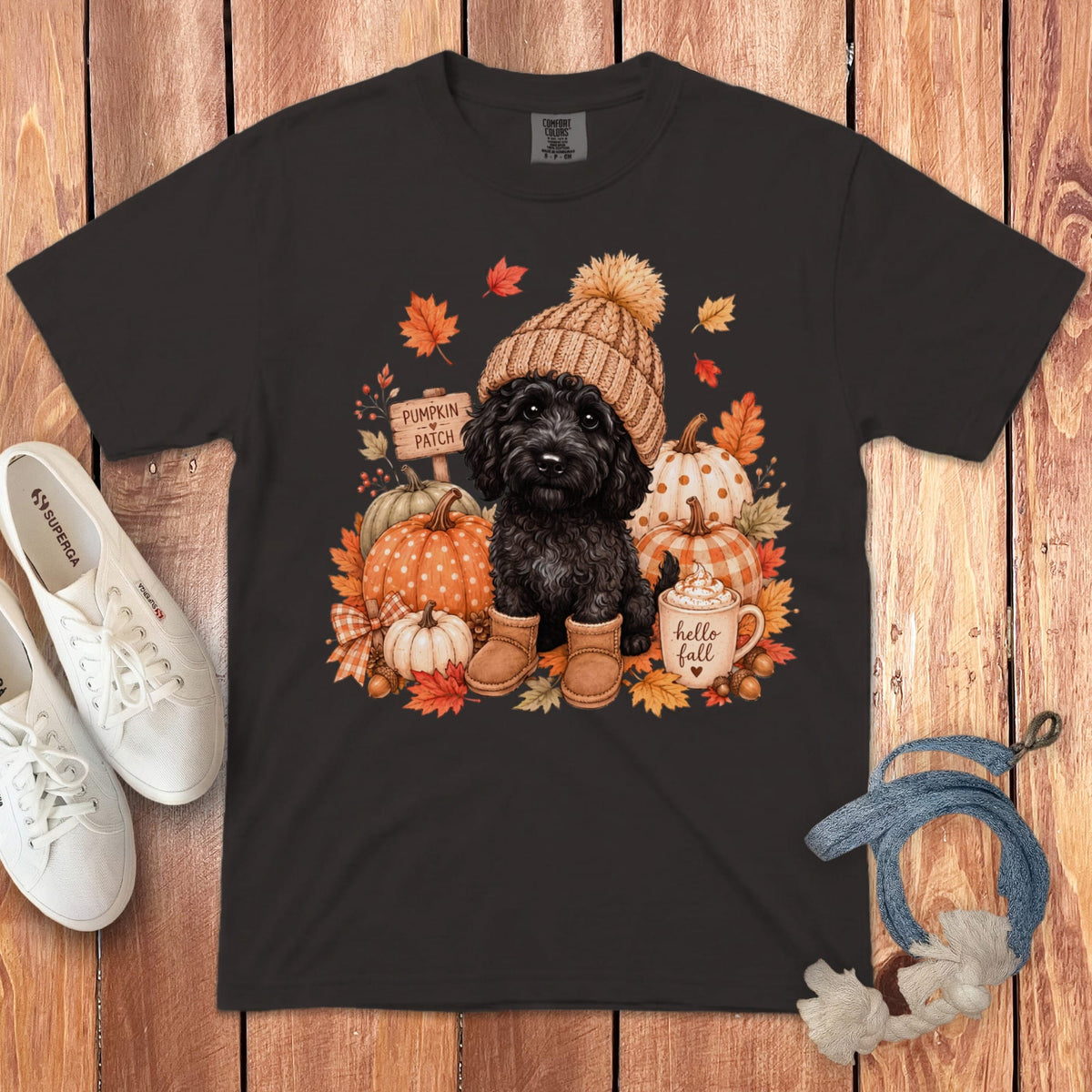 Black Goldendoodle Pumpkin Patch Signature T-Shirt in Graphite / S by Puppy Jo