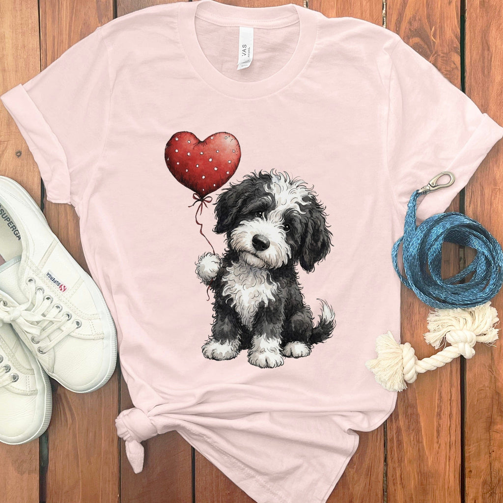Adorable Puppy Holding Heart Balloon Graphic Tee