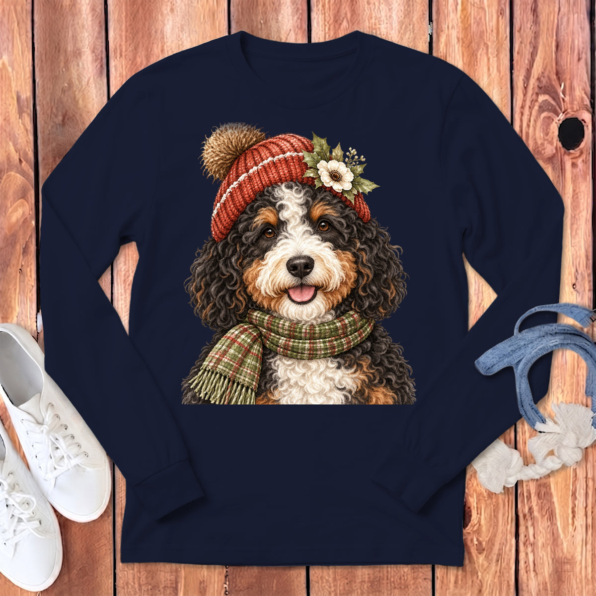 Bernese Mountain Dog wearing a red knit hat and plaid scarf with floral embellishment.