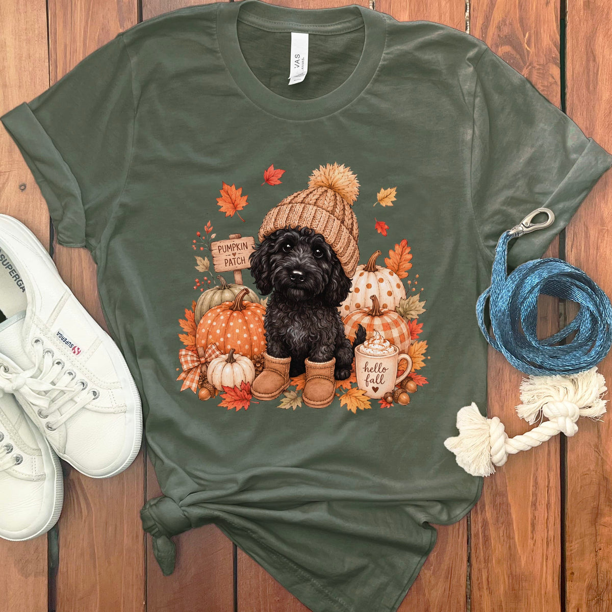 Black Goldendoodle Pumpkin Patch T-Shirt in Military Green / S by Puppy Jo