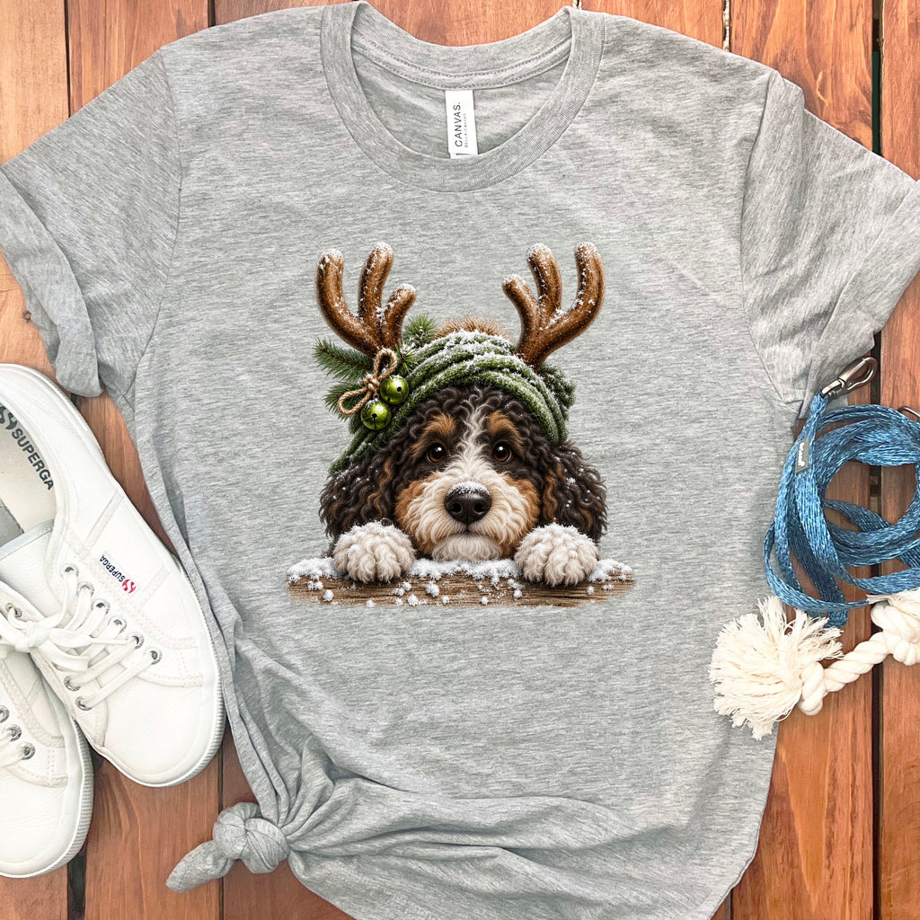 Grey t-shirt with a fluffy Bernese Mountain Dog wearing reindeer antlers and a green beanie.