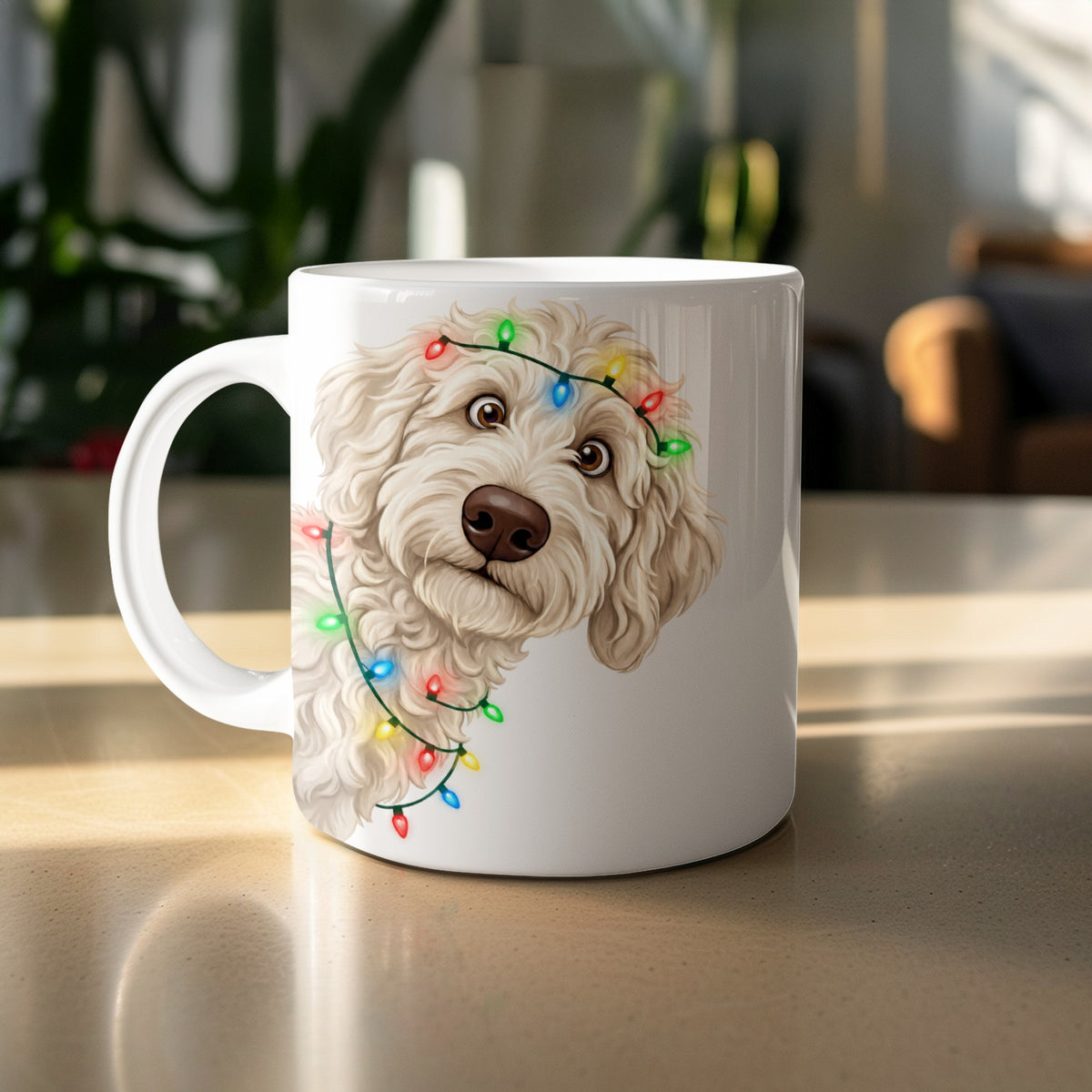 White mug with a drawing of a fluffy dog wearing colorful Christmas lights.