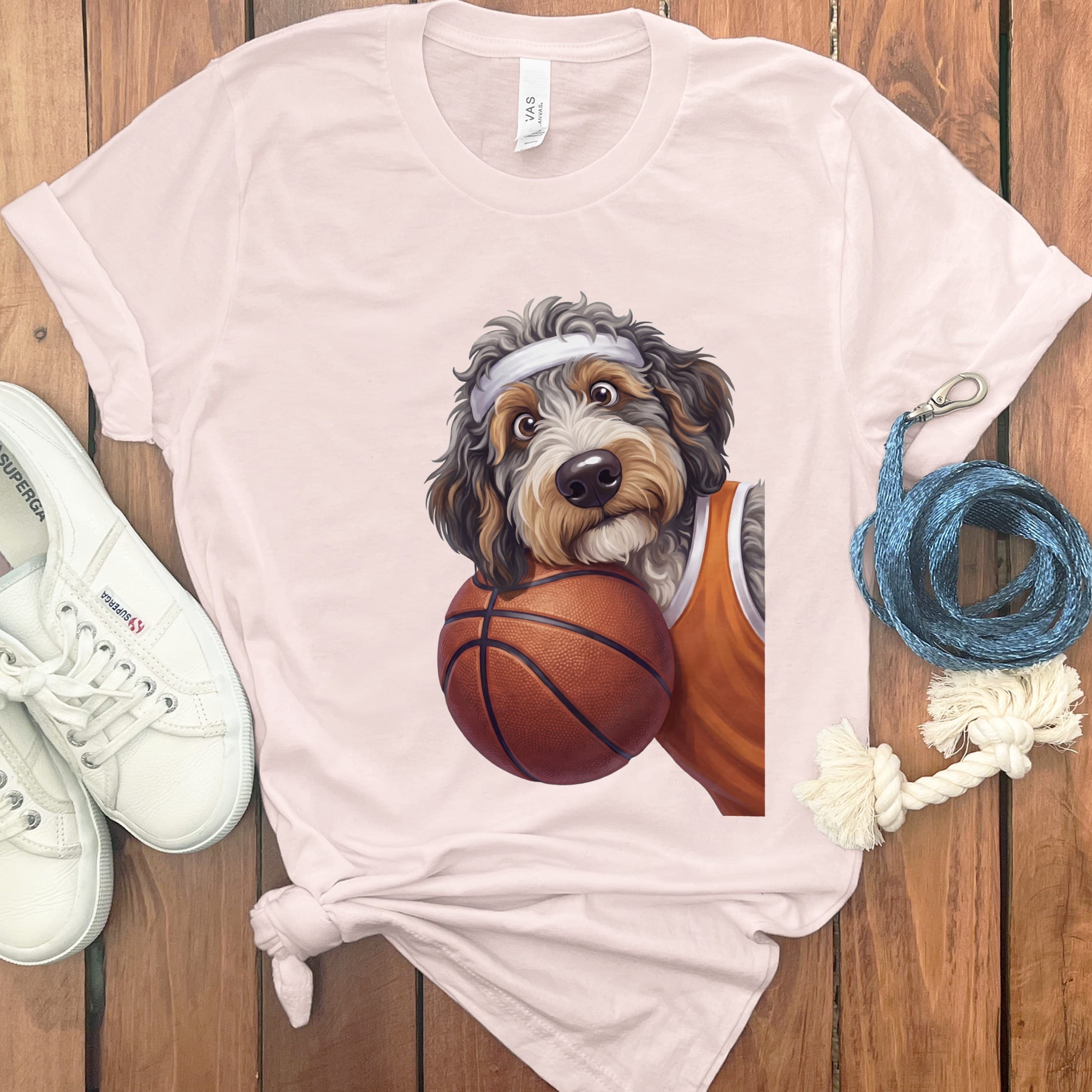 Aussiedoodle Basketball Player T-Shirt in Soft Pink / S by Puppy Jo