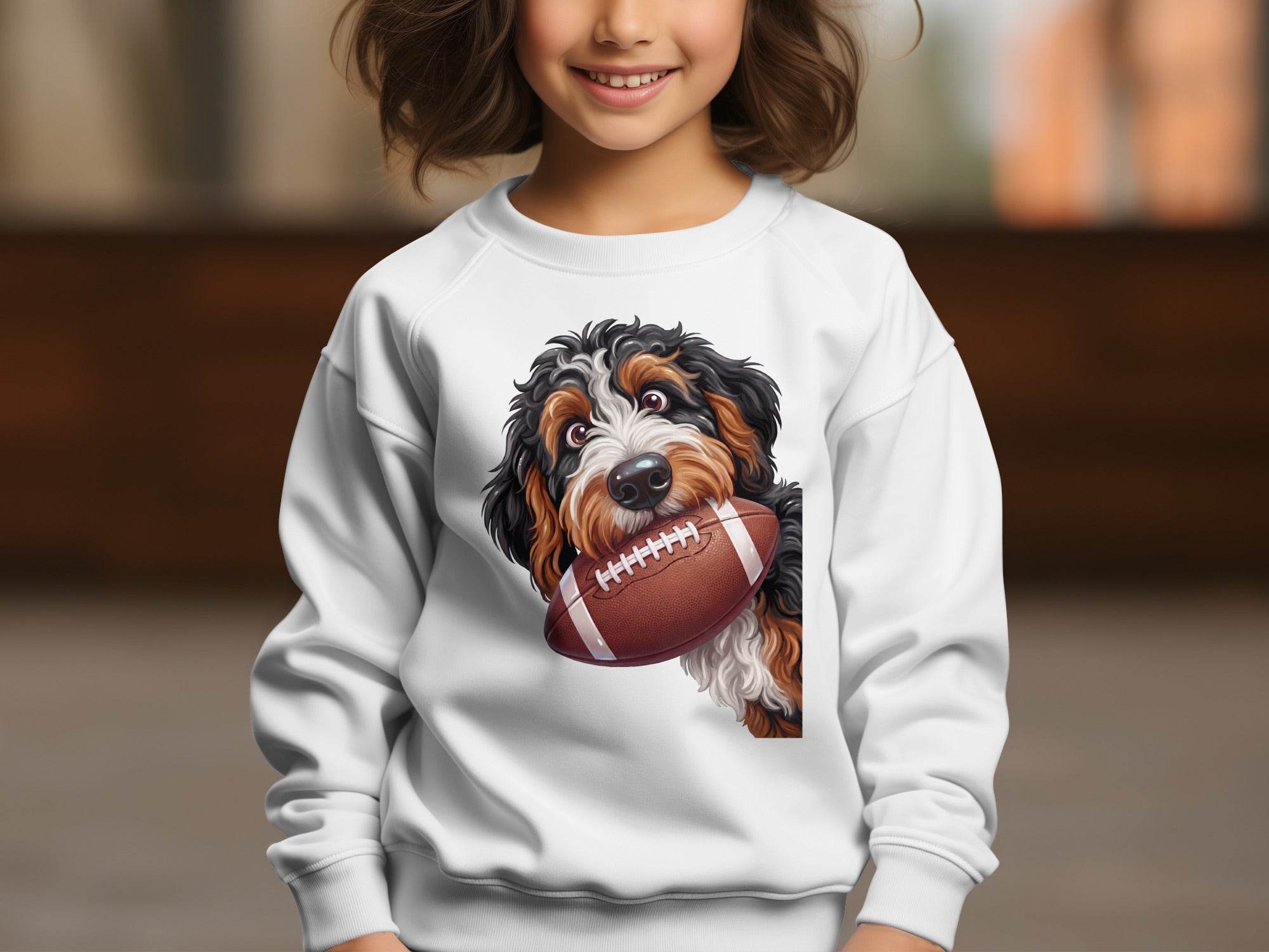 Bernese Mountain Dog with football illustration on white crewneck sweatshirt.