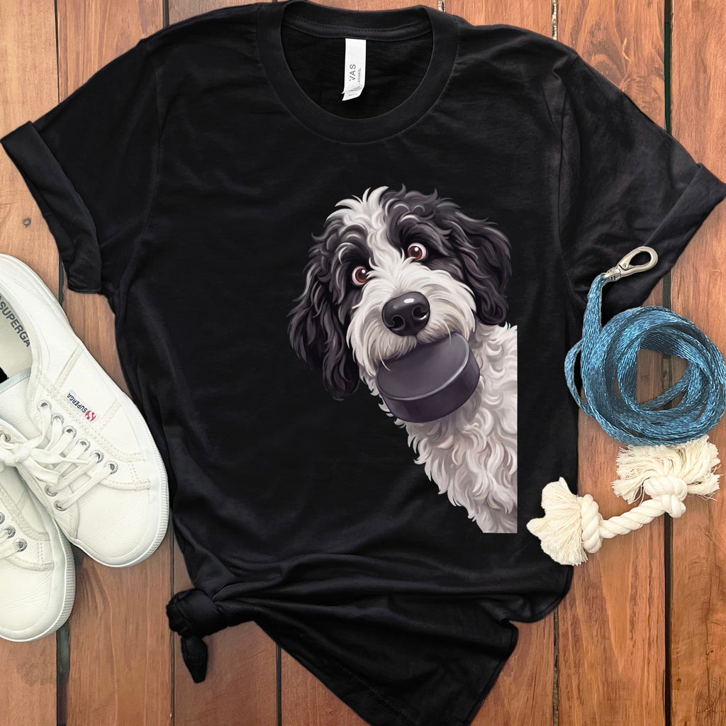 Sheepadoodle Hockey Puck T-Shirt in Black / S by Puppy Jo