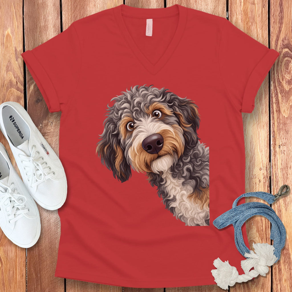 Funny Peeking Aussiedoodle V-Neck T-Shirt in Red / S by Puppy Jo